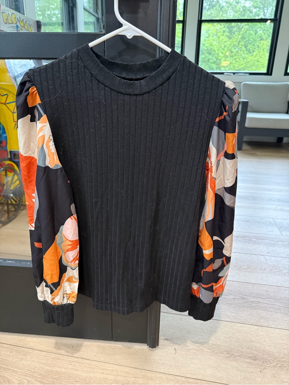 Black Ribbed Top with Floral Puff Sleeves